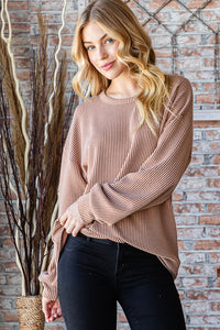 Taupe Puff Sleeve Urban Ribbed Top