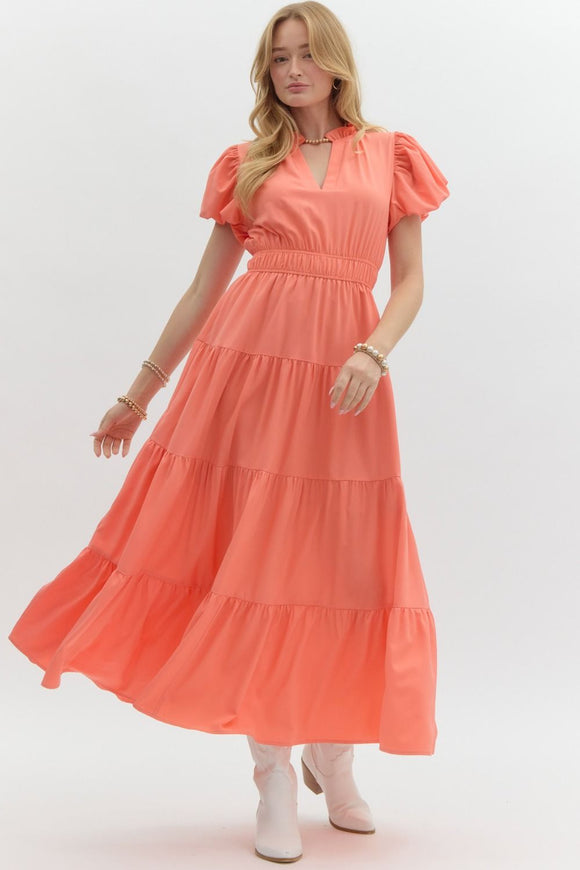 Coral Peach Split Neck Dress