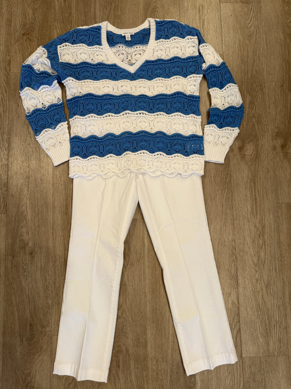 L/S V-NECK CROCHET SWIRL STRIPE SWTR- Sailboat
