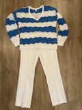 L/S V-NECK CROCHET SWIRL STRIPE SWTR- Sailboat