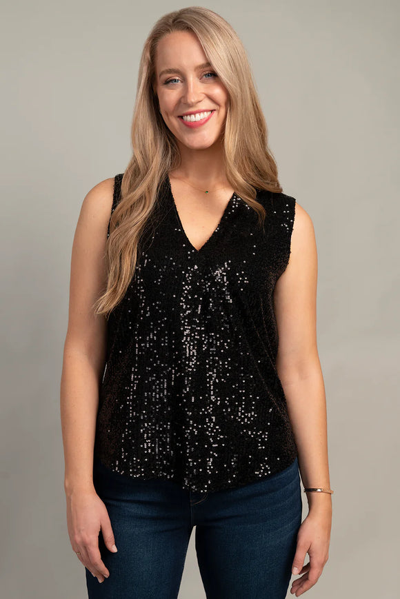 Black V-Neck Sequin Tank