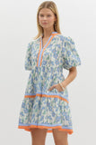 Blue Print Bubble Sleeve Dress