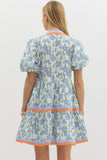 Blue Print Bubble Sleeve Dress