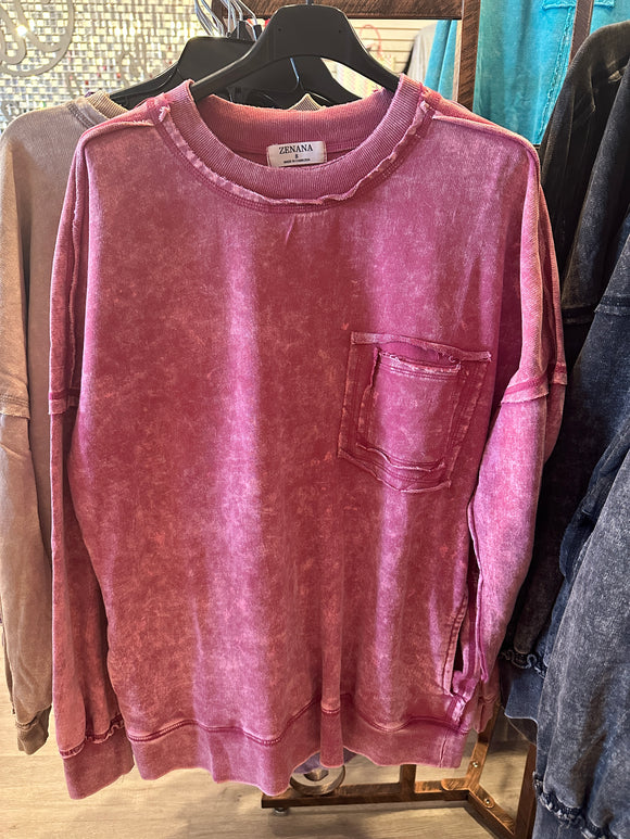 Magenta F/ Terry Raw Edge Pocket Pullover