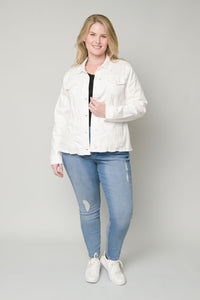 FRAYED DENIM JACKET W/ NOVELTY BUTTONS - CURVY- White