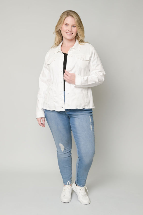 FRAYED DENIM JACKET W/ NOVELTY BUTTONS - CURVY- White