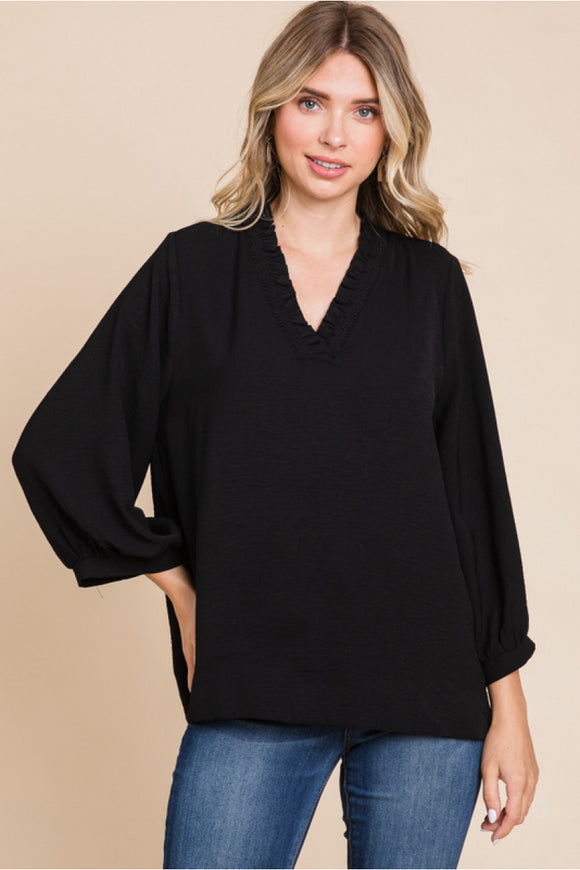 Black Frilled V-Neck 3/4 Sleeve Top