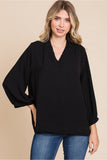 Black Frilled V-Neck 3/4 Sleeve Top