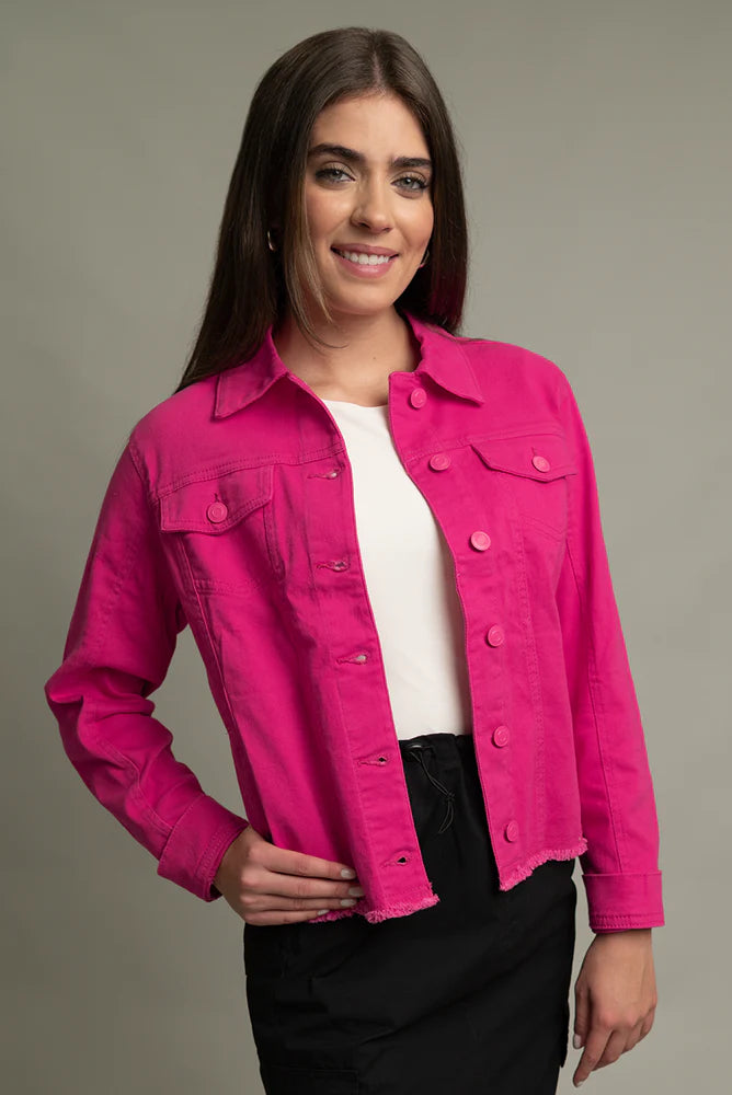Frayed Denim Jacket w/ DTM Buttons-Malibu Pink – Simply Chic Monogram ...