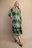 GiGiO Printed Split Neck Midi Dress with Pleated Details- Olive TE1321