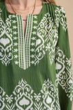 GiGiO Printed Split Neck Midi Dress with Pleated Details- Olive TE1321