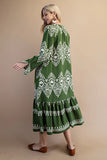GiGiO Printed Split Neck Midi Dress with Pleated Details- Olive TE1321