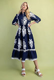 GiGiO Bold Print Shirt Style Midi Dress with a 3/4 Length Sleeve-Navy TG1854