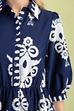 GiGiO Bold Print Shirt Style Midi Dress with a 3/4 Length Sleeve-Navy TG1854