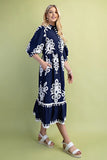 GiGiO Bold Print Shirt Style Midi Dress with a 3/4 Length Sleeve-Navy TG1854