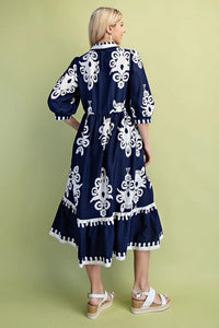 GiGiO Bold Print Shirt Style Midi Dress with a 3/4 Length Sleeve-Navy TG1854