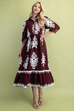 GiGiO Bold Print Shirt Style Midi Dress with a 3/4 Length Sleeve-Burgundy TG1854