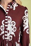 GiGiO Bold Print Shirt Style Midi Dress with a 3/4 Length Sleeve-Burgundy TG1854