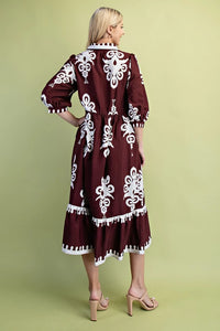 GiGiO Bold Print Shirt Style Midi Dress with a 3/4 Length Sleeve-Burgundy TG1854