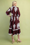GiGiO Bold Print Shirt Style Midi Dress with a 3/4 Length Sleeve-Burgundy TG1854