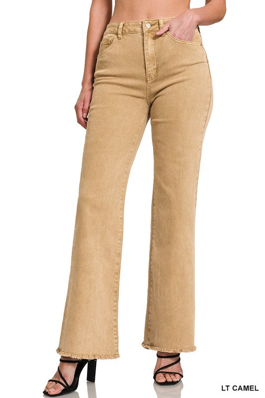 Zenana Acid Wash Frayed Hem Straight Wide Pant- Lt Camel