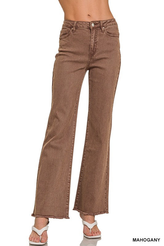 Zenana Acid Wash Frayed Hem Straight Wide Pant- Mahogany