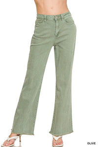Zenana Acid Wash Frayed Hem Straight Wide Pant- Olive
