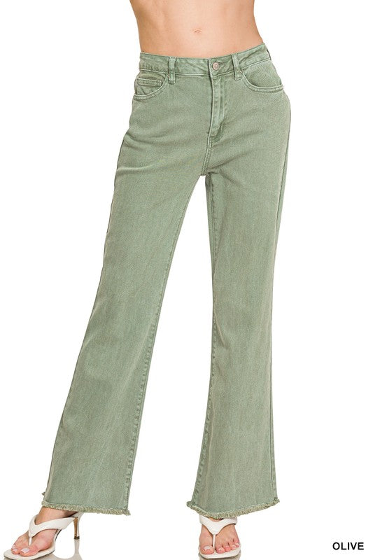 Zenana Acid Wash Frayed Hem Straight Wide Pant- Olive