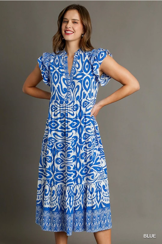 Blue Print Midi Dress w/ Ruffle Sleeves