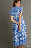Blue Print Midi Dress w/ Ruffle Sleeves