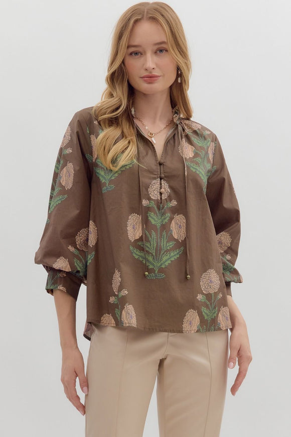 Brown Floral Bubble Sleeve Top T24426