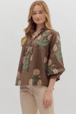 Brown Floral Bubble Sleeve Top T24426