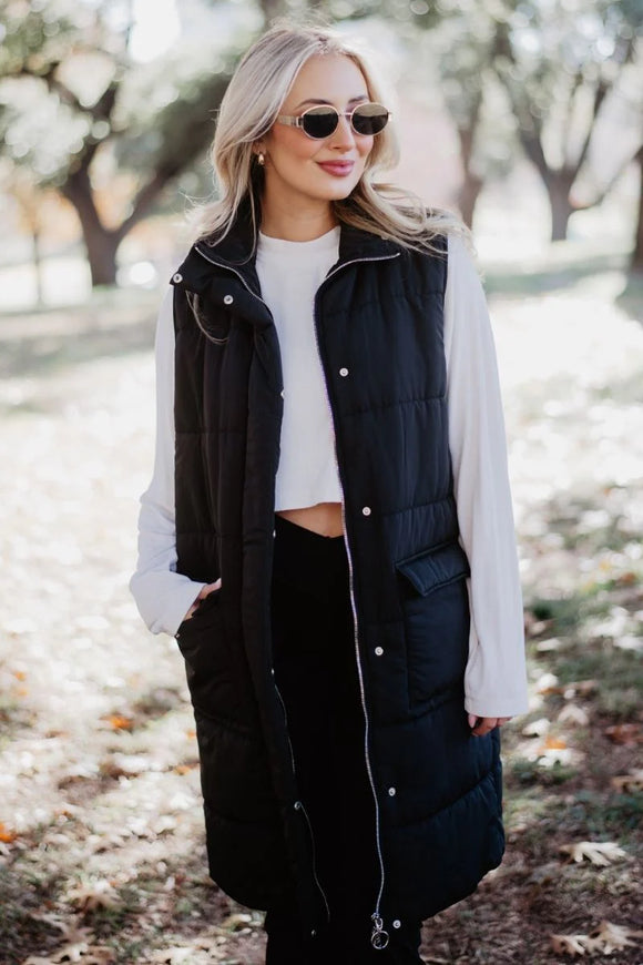 Katydid Long Quilted Puffer Vest- Black