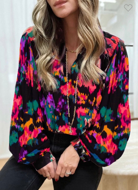 Black Mixed Print V-Neck Top