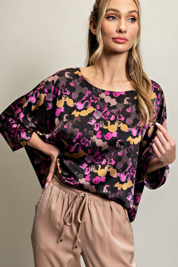 Black Satin Print Dolman Top