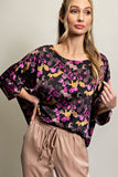 Black Satin Print Dolman Top