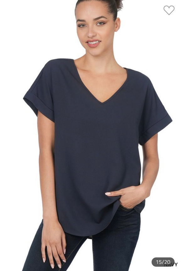 Navy Solid V-Neck Woven Top