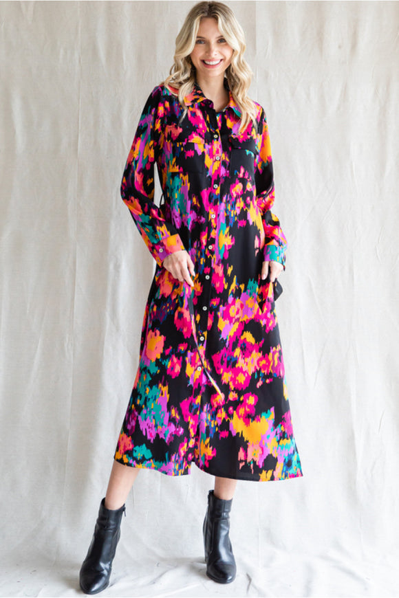 Multi Floral Midi Dress w/ Belt