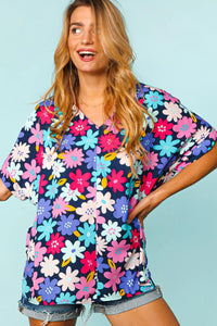 NAVY FUCHSIA MULTI COLOR FLORAL DROP SHOULDER TOP