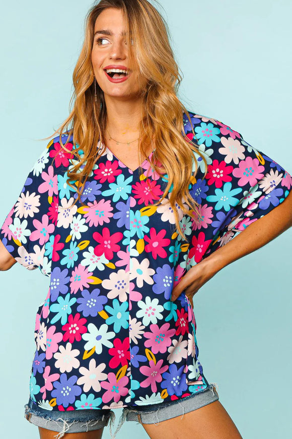 NAVY FUCHSIA MULTI COLOR FLORAL DROP SHOULDER TOP