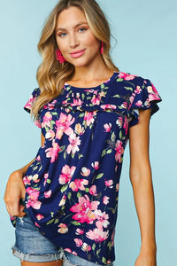NAVY FUCHSIA FLORAL SHORT SLEEVE WITH FRILL KNIT TOP