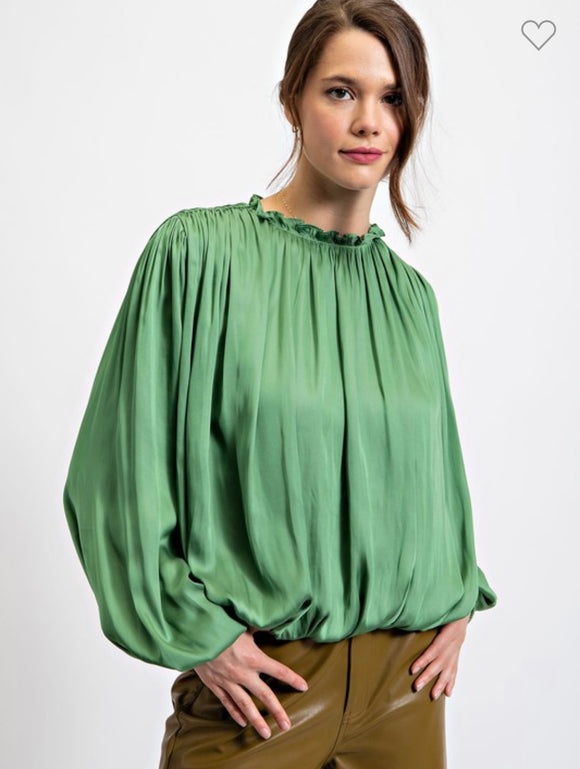 Green Long Sleeve Satin Blouse