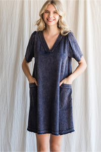 Navy Washed V-Neck Dress