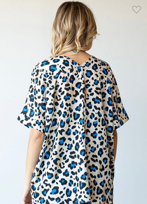 Blue Leopard Print Dolman Sleeve Top