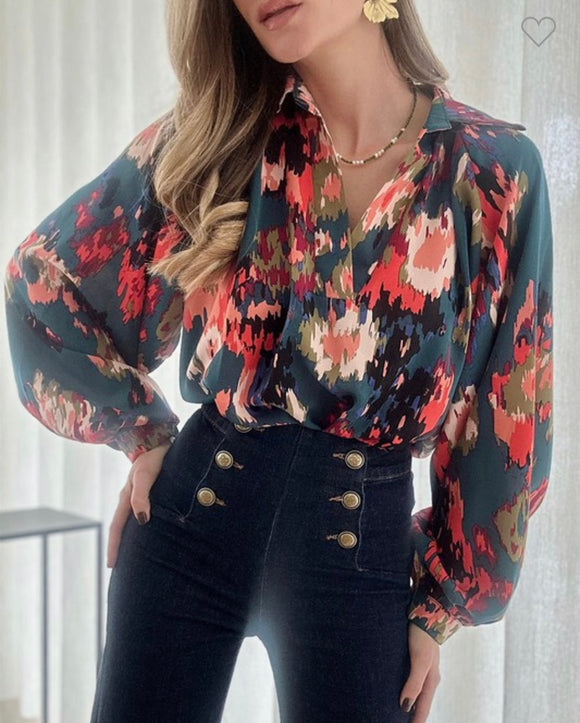Olive Mixed Print V-Neck Top