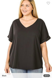 Black Solid V-Neck Woven Top