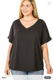 Black Solid V-Neck Woven Top