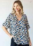 Blue Leopard Print Dolman Sleeve Top