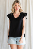 Black Scallop Neck Flutter Sleeve Top