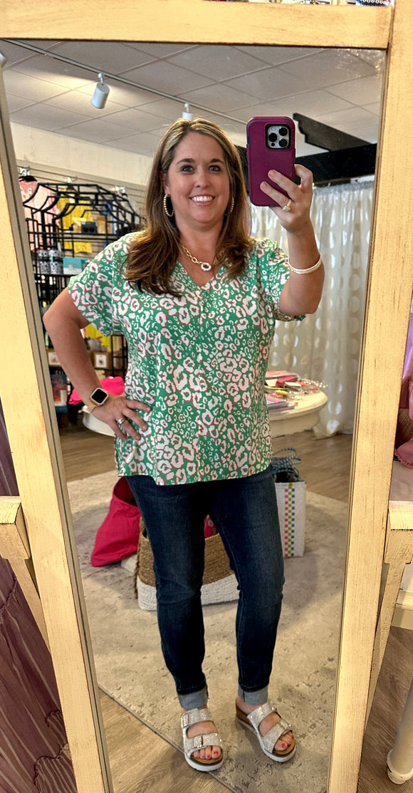 Green Leopard V-Neck Top